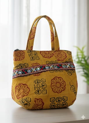 Golden Yellow Ethnic Block Print Cotton Tote Bag with Mirror Embellishments