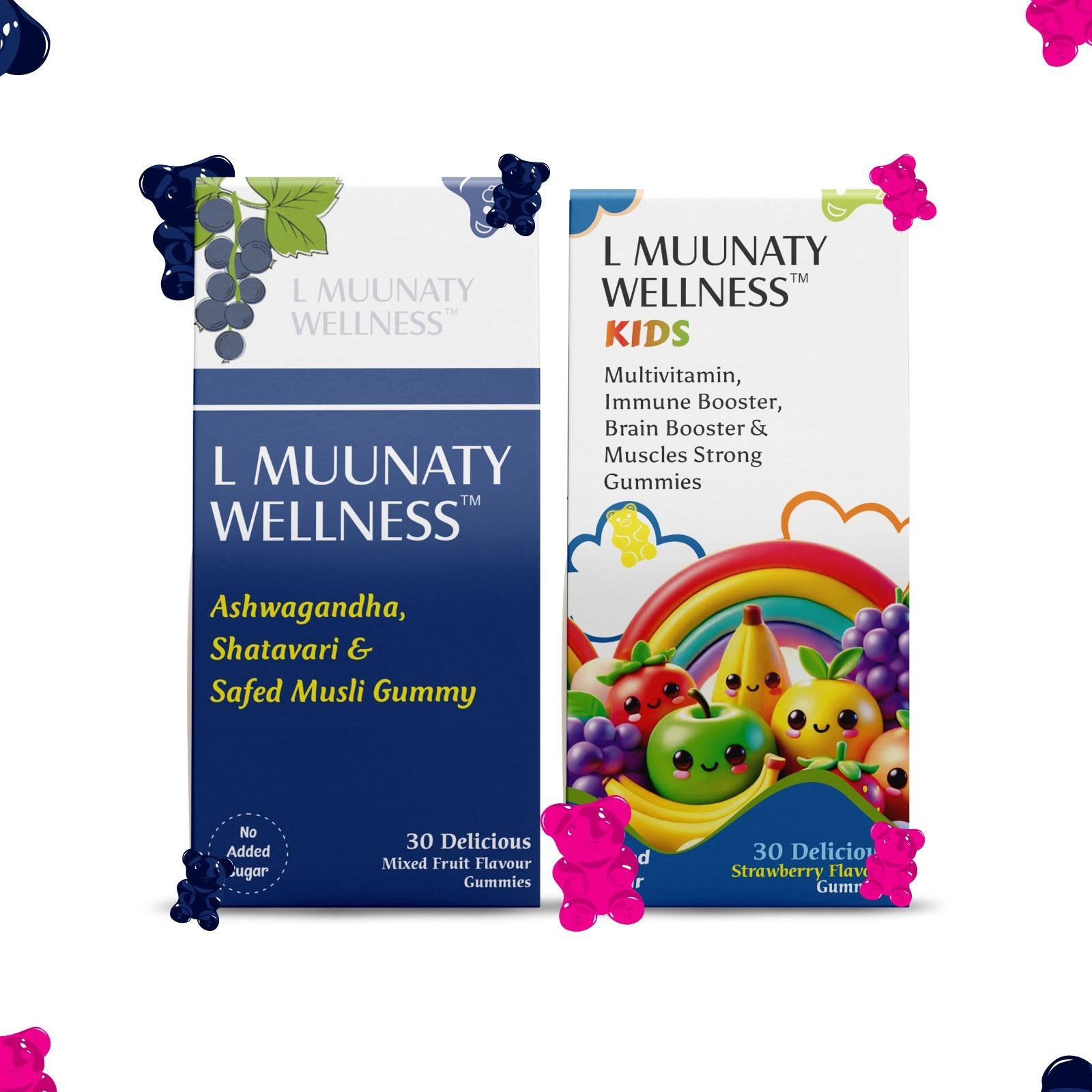 L MUUNATY WELLNESS Combo Pack: Kids Gummies for Healthy Muscles & Bones with Calcium & Vitamin D + Adult Ashwagandha Max 500mg for Stress, Anxiety Relief, Strength & Stamina (2 x 60 Gummies)