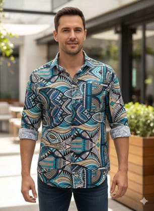 Men's Abstract Blue & Teal Tribal Print Casual Cotton Blend Shirt