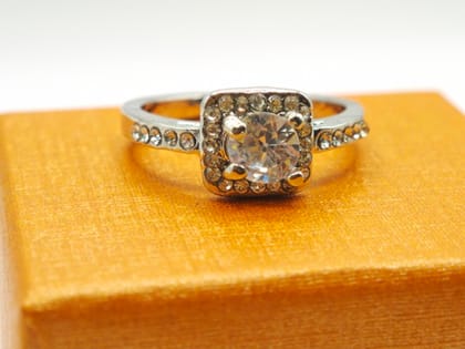 Silver-Toned American Diamond Solitaire Square Halo Ring for Women