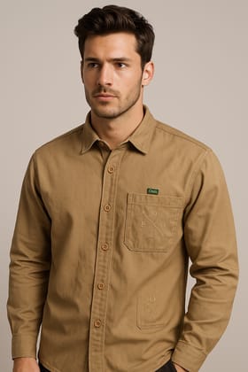 Men's Camel Brown Full Sleeve Casual Cotton Shirt with Pocket Embroidery