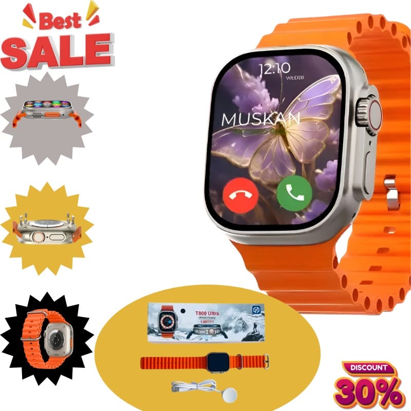 T800 Ultra Smartwatch with Orange Strap for Fitness and Calls