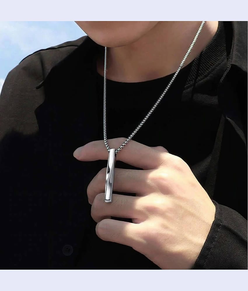Thrillz Elegant Silver Chain For Men Stainless Steel Curb Bar Pendant Necklace Silver Plated Silver Chain For Men Boys Men's Jewellery Gift For Husband Boyfriend