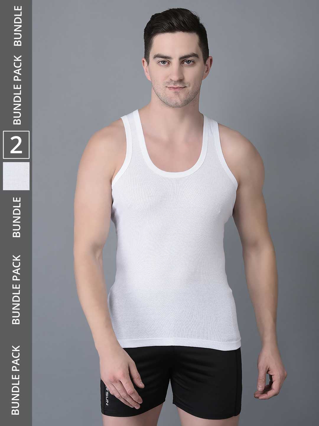 Men's White Pack of 2 Solid Combed Cotton Vest