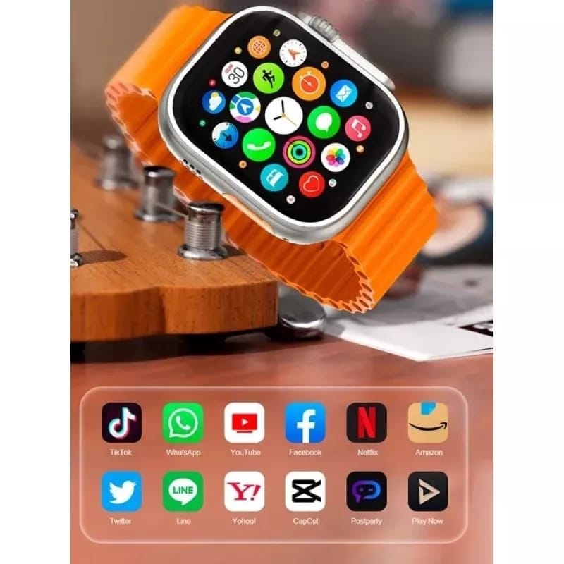 Smartwatch with Vibrant Orange Ribbed Strap and Full App Display