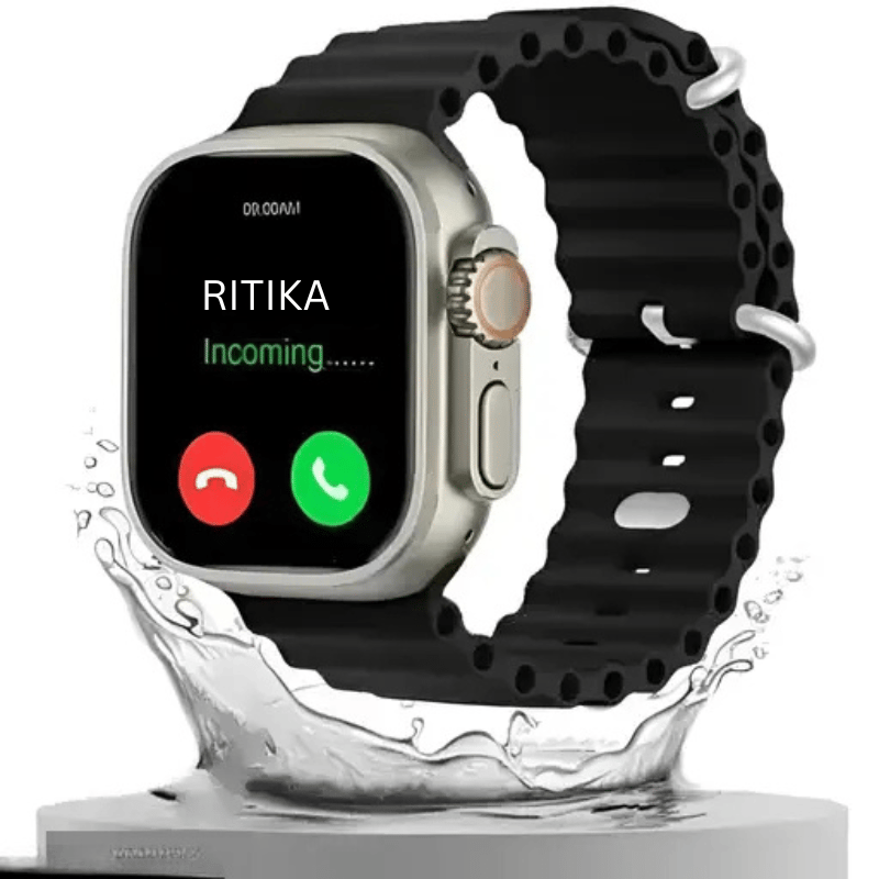Smartwatch with Incoming Call Display & Water Splash Design - Black Strap