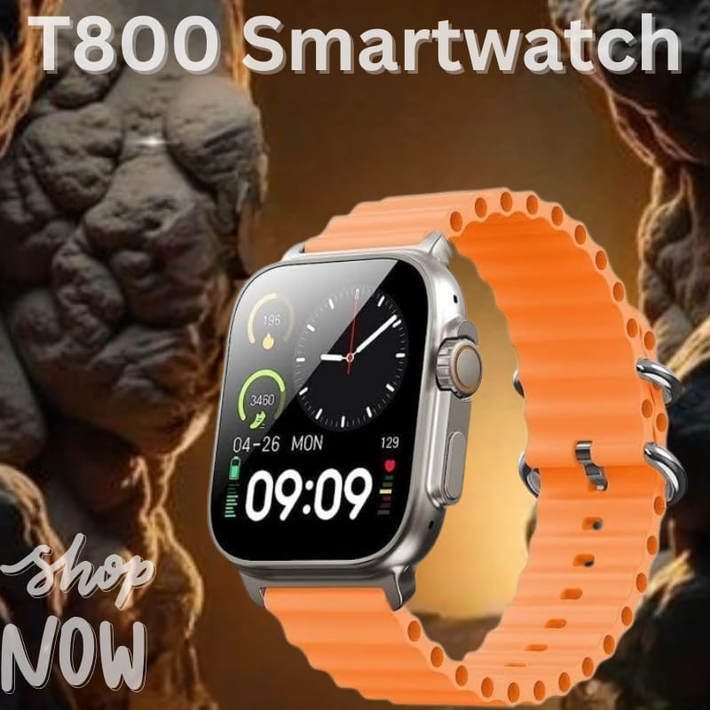T800 Smartwatch with Vibrant Orange Strap and Health Tracking