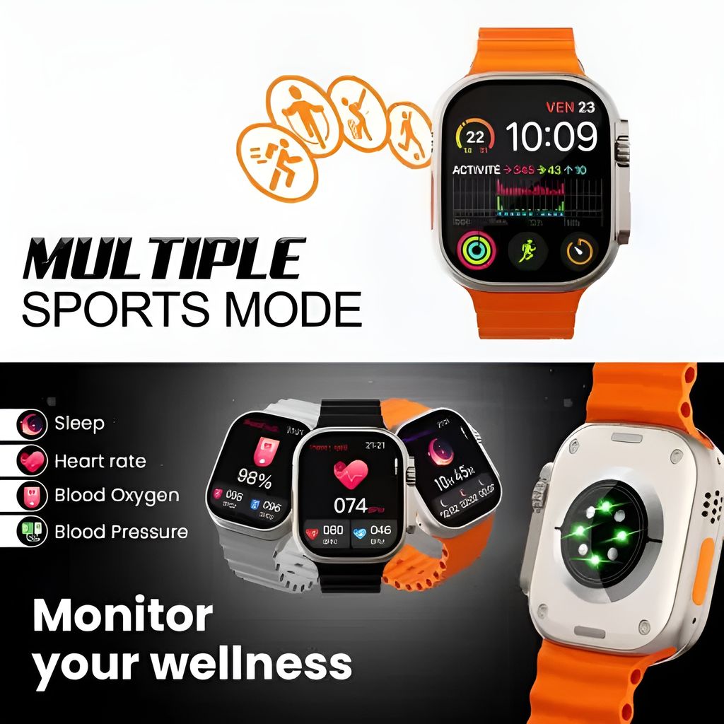 T800 Smartwatch with Vibrant Orange Strap and Health Tracking