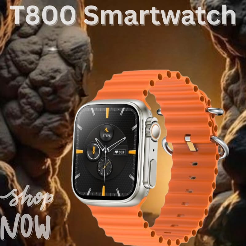 T800 Smartwatch with Vibrant Orange Strap and Health Tracking Features