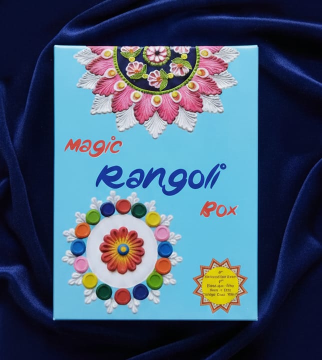 Magic Rangoli Making Kit Box with Tool, 4-Inch Printed & Plain Jali Stencils, Filter – Easy Rangoli Set for Diwali Home Decor, Indoor Outdoor Use, Fun Festive Art (Random Designs)