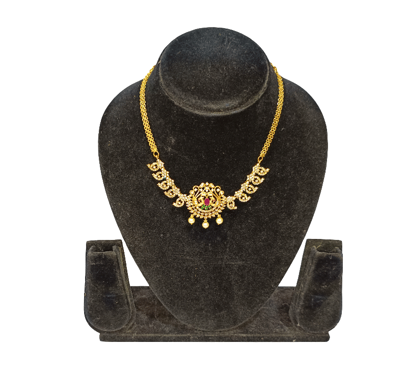 Traditional Gold Plated Peacock Motif AD Stone & Pearl Necklace for Women