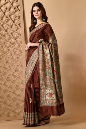 Pure Handloom Tussar Gicha Silk Saree – Madhubani Hand Painted | Silk Mark Certified | 6.5 m with Blouse