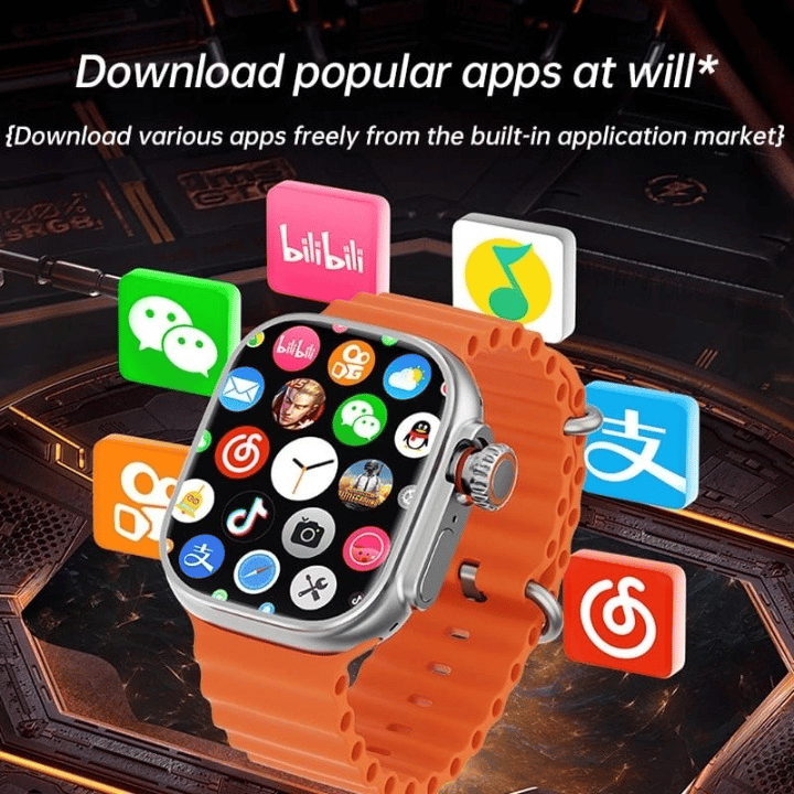 Smartwatch with Customizable App Store & Vibrant Orange Silicone Strap