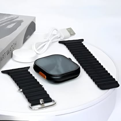 Black Smartwatch with Silicone Straps and Wireless Charger