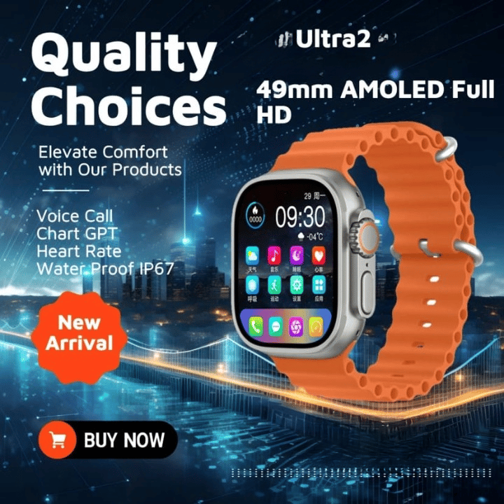 Ultra2 Smartwatch with 49mm AMOLED HD Display and Orange Strap
