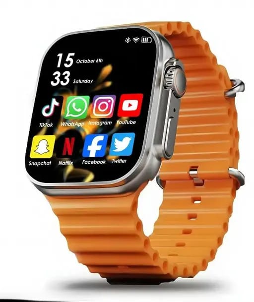 Smartwatch with Vibrant Orange Strap and Full App Support