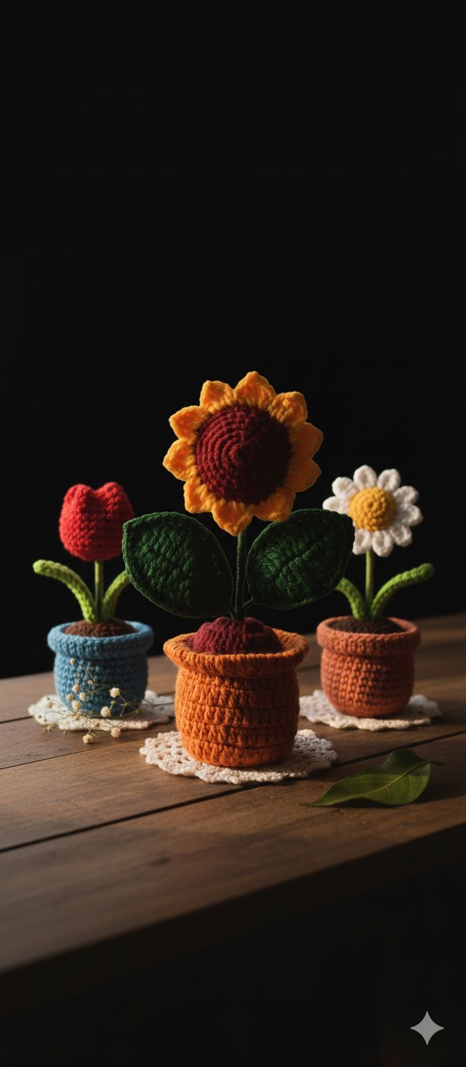 Handmade Crocheted Flower Pot Set: Sunflower, Tulip, Daisy - Unique Home Decor & Gift