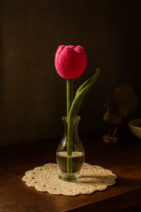 Handmade Crocheted Pink Tulip in Glass Vase - Everlasting Floral Decor