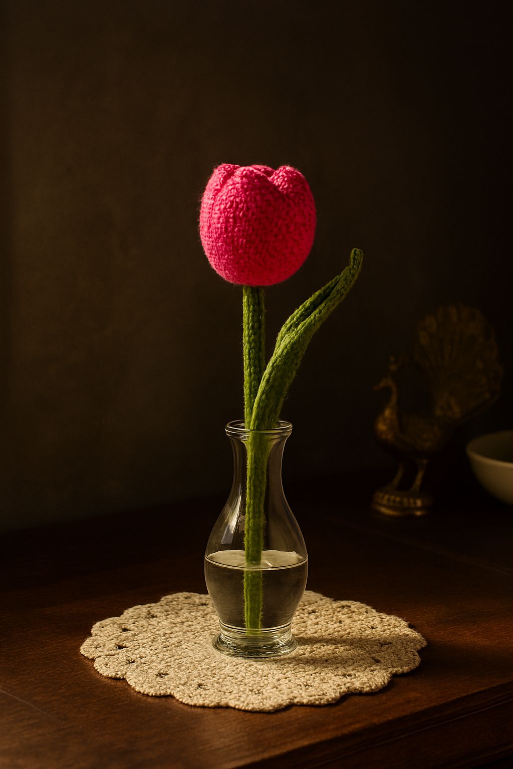 Handmade Crocheted Pink Tulip in Glass Vase - Everlasting Floral Decor