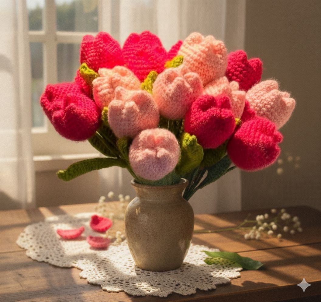 Handmade Crocheted Tulip Bouquet in Ceramic Vase - Pink & Red Yarn Flowers