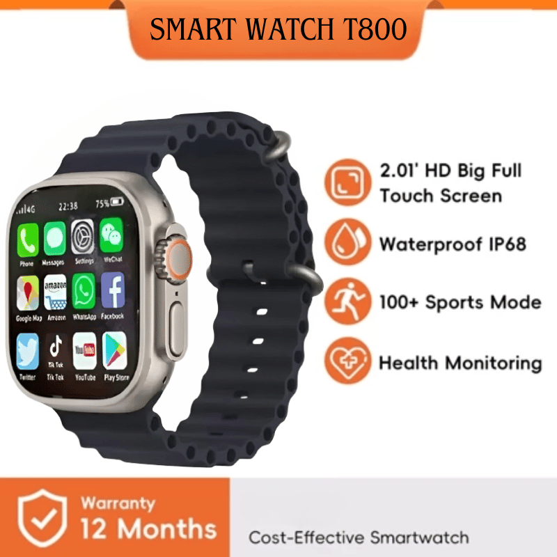 Smart Watch T800 2.01" HD Full Touch Screen IP68 Waterproof with 100+ Sports Modes & Health Monitoring