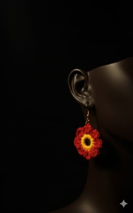 Handmade Crochet Red and Yellow Flower Drop Earrings for Women