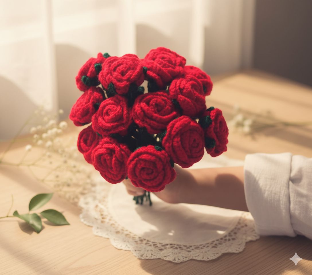 Handcrafted Crocheted Red Rose Bouquet - Everlasting Yarn Flowers
