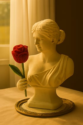 Handmade Crocheted Red Rose with Green Leaves 