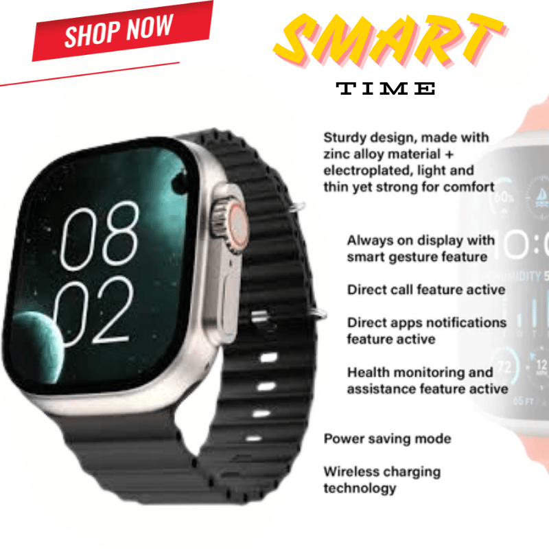 Smart Time Smartwatch with Health Monitoring and Wireless Charging