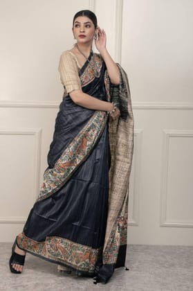 Pure Handloom Tussar Gicha Silk Saree – Madhubani Hand Painted | Silk Mark Certified | 6.5 m with Blouse