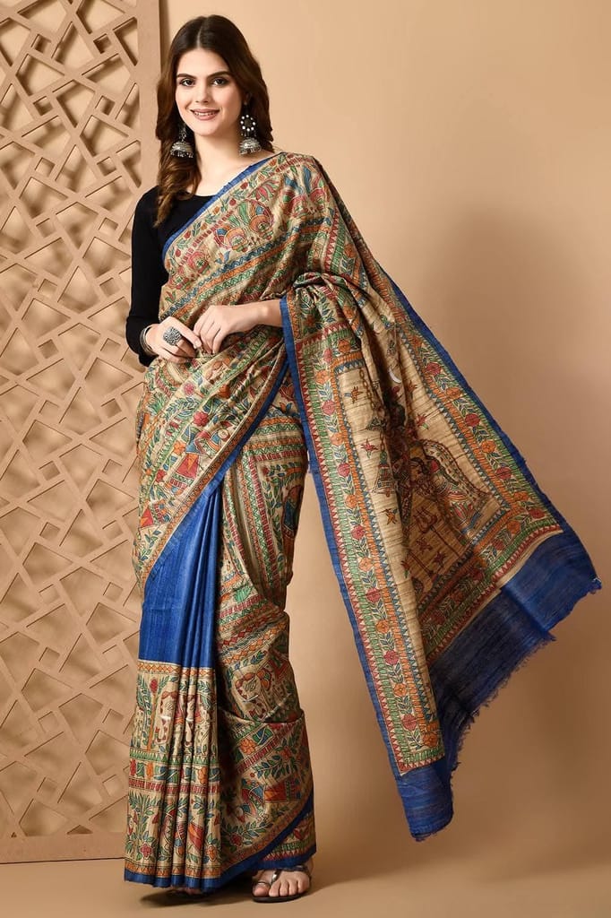 Pure Handloom Tussar Gicha Silk Saree – Madhubani Hand Painted | Silk Mark Certified | 6.5 m with Blouse