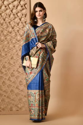 Pure Handloom Tussar Gicha Silk Saree – Madhubani Hand Painted | Silk Mark Certified | 6.5 m with Blouse