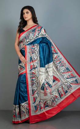 Pure Handloom Tussar Gicha Silk Saree – Madhubani Hand Painted | Silk Mark Certified | 6.5 m with Blouse