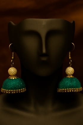 Emerald Green Thread & Pearl Jhumka Earrings with Gold Tone Accents