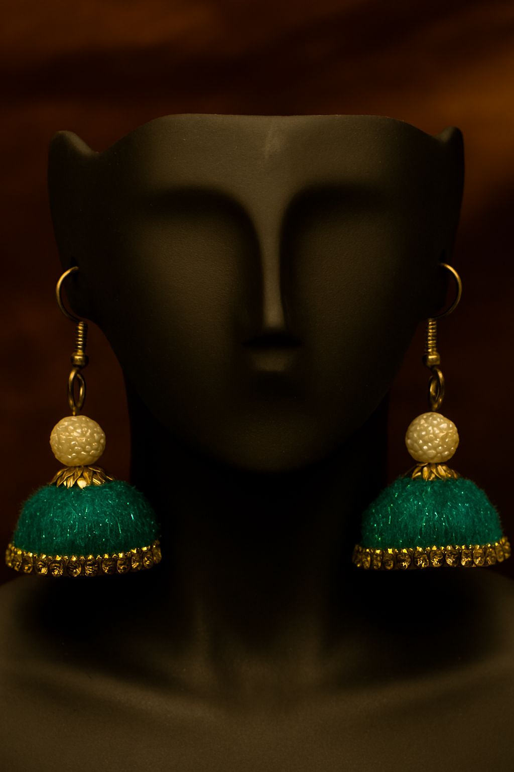 Emerald Green Thread & Pearl Jhumka Earrings with Gold Tone Accents