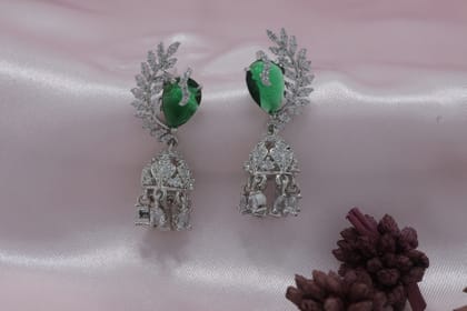 Elegant Silver-Tone Green Gemstone CZ Jhumka Earrings for Women