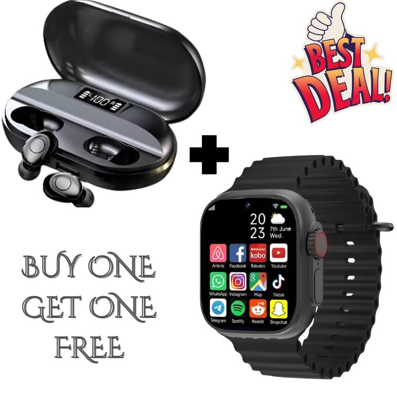 Wireless Earbuds & Smartwatch Combo - Buy One Get One Free (Black)