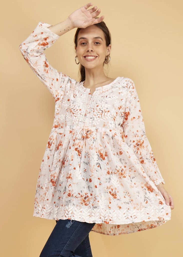 Mulmul Short Frock Style Kurti - Floral Print Orange