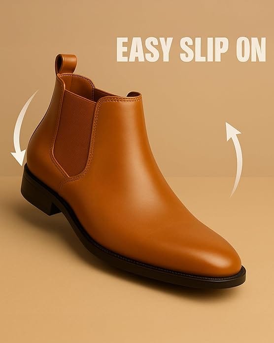 Latest Designer Men Solid Faux Leather Tan Chelsea Boots | Stylish Slip-On Casual & Formal Boots For Men's & Boys (Free Home Delivery)