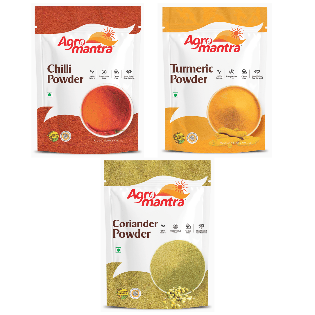 Agro Mantra 3 Pcs Combo Of Chilli, Turmeric And Coriander Powder | 500gm Each
