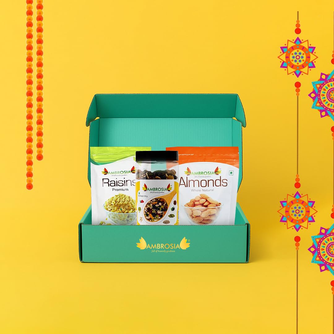 Ambrosia Premium Dry Fruit Gift Box Almonds 250g, Raisins 250 g, Trail Mix 250 g