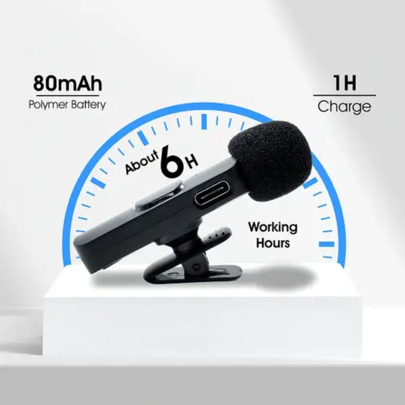 Wireless Clip-On Microphone with 80mAh Battery & 6H Working Time