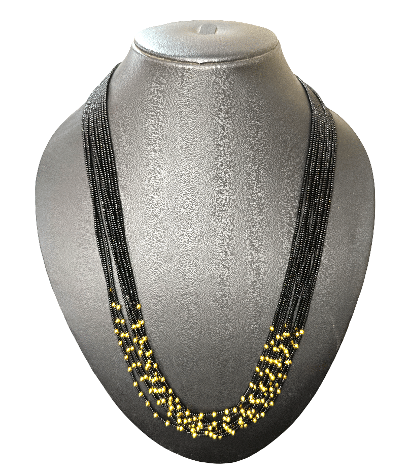 Elegant Multi-Strand Black Beaded Necklace with Golden Accents