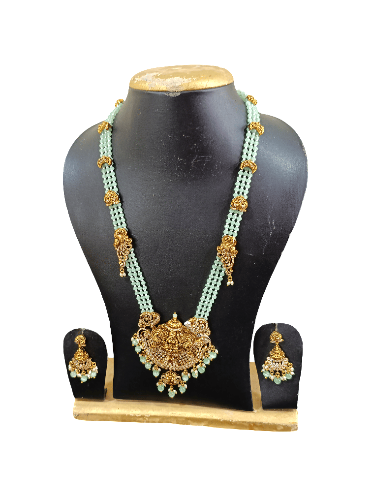 Traditional Gold-Plated Lakshmi Pendant Green Beaded Long Necklace Set with Earrings