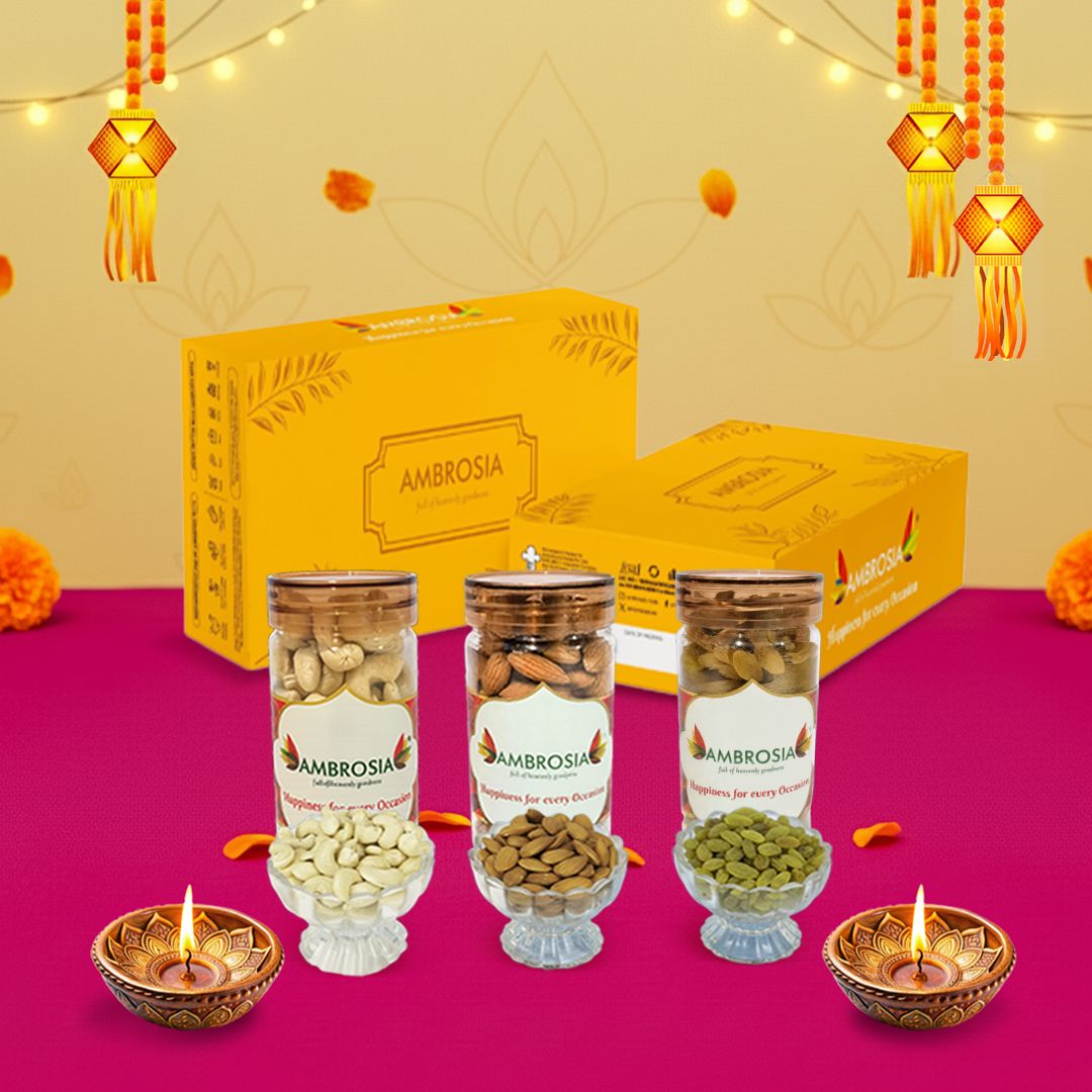 Ambrosia Diwali Dry Fruits Gift Box 340g - Diwali Gift Hamper | Festive Dry Fruit Gift |Almonds, Cashew & Raisins
