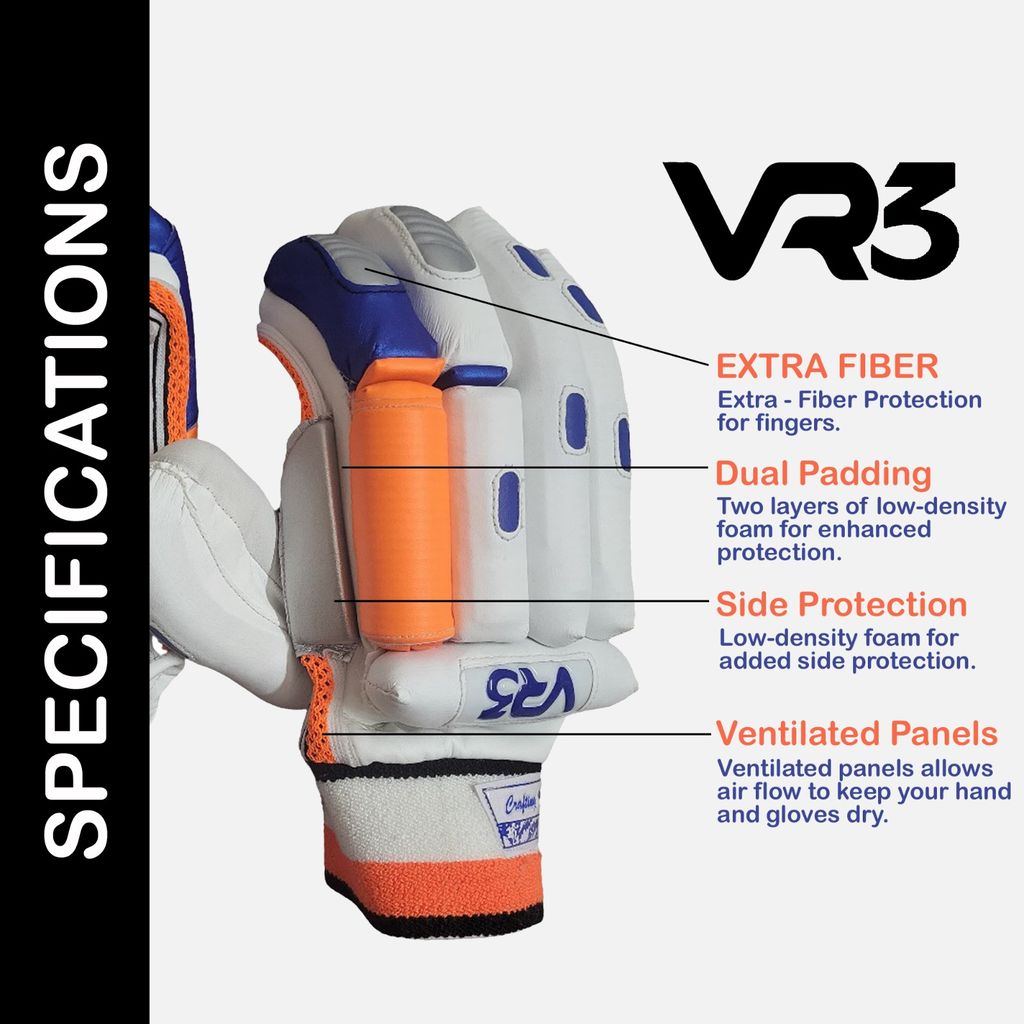 VR3 INTERNATIONAL | VR3 VK Edition White & Orange Cricket Batting Gloves – Stylish Performance with Pro-Level Protection