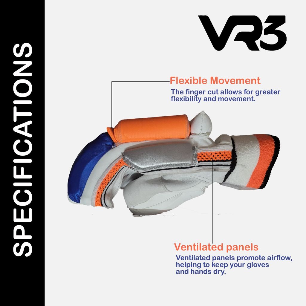 VR3 INTERNATIONAL | VR3 VK Edition White & Orange Cricket Batting Gloves – Stylish Performance with Pro-Level Protection