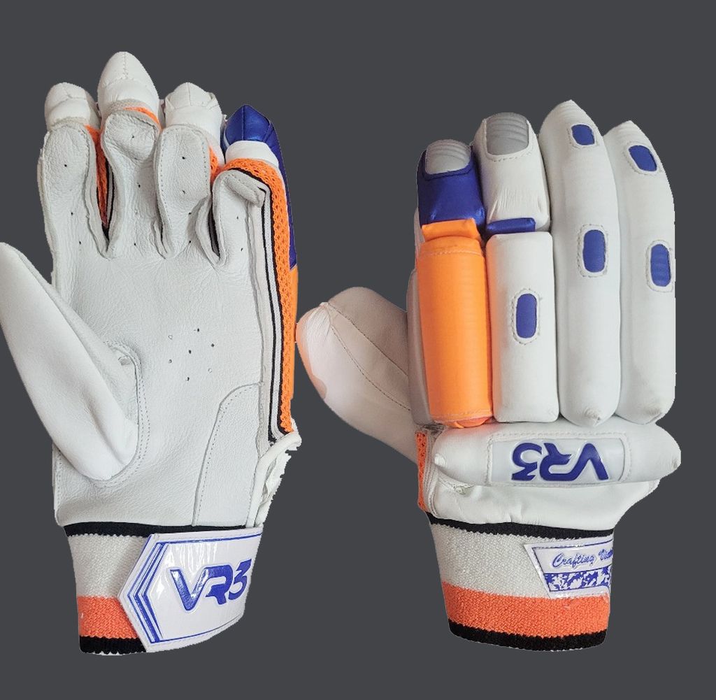 VR3 INTERNATIONAL | VR3 VK Edition White & Orange Cricket Batting Gloves – Stylish Performance with Pro-Level Protection