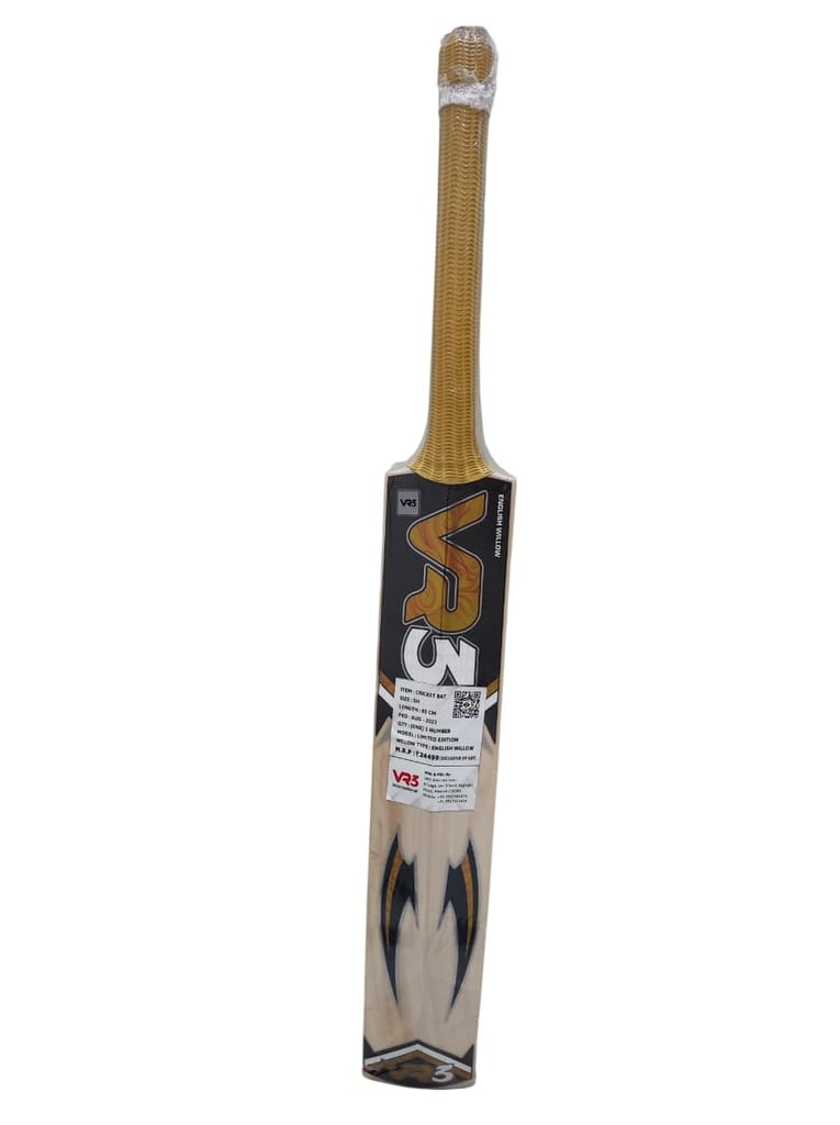 VR3 INTERNATIONAL | VR3 English Willow Cricket Bat, Grade A+ Professional, Natural Wood, 82.5 cm Length, 1200g
