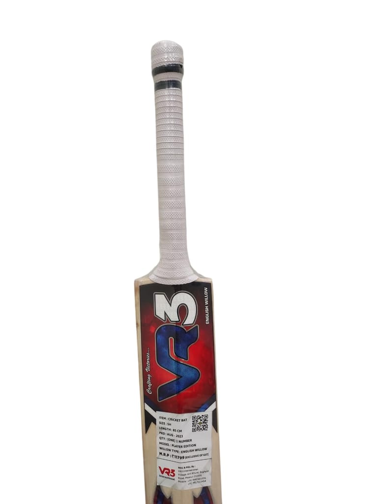 VR3 INTERNATIONAL | VR3 Player Edition English Willow Cricket Bat, Grade A+ Professional, Leather Ball, 1200g, Natural Wood